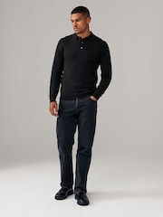 Black/Navy Blue Slim Fit Knitted Long Sleeve Polo Shirts 2 Pack - Image 3 of 11