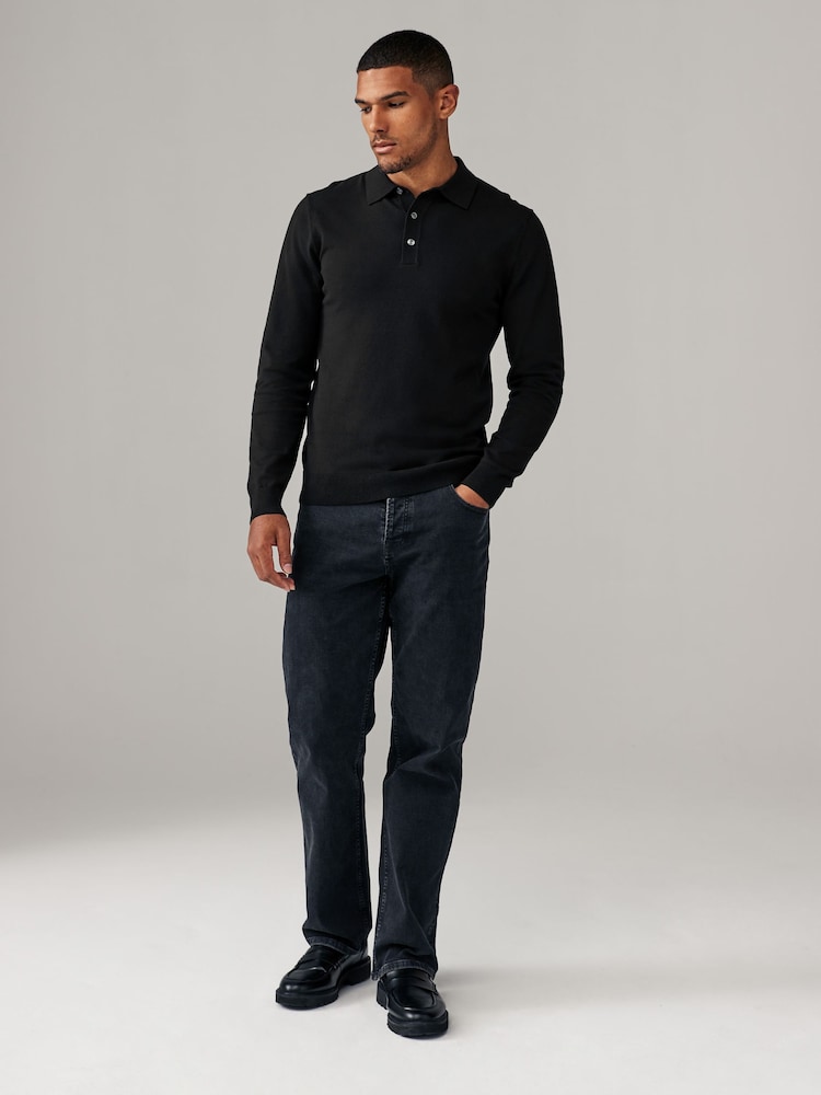 Black/Navy Blue Slim Fit Knitted Long Sleeve Polo Shirts 2 Pack - Image 3 of 11