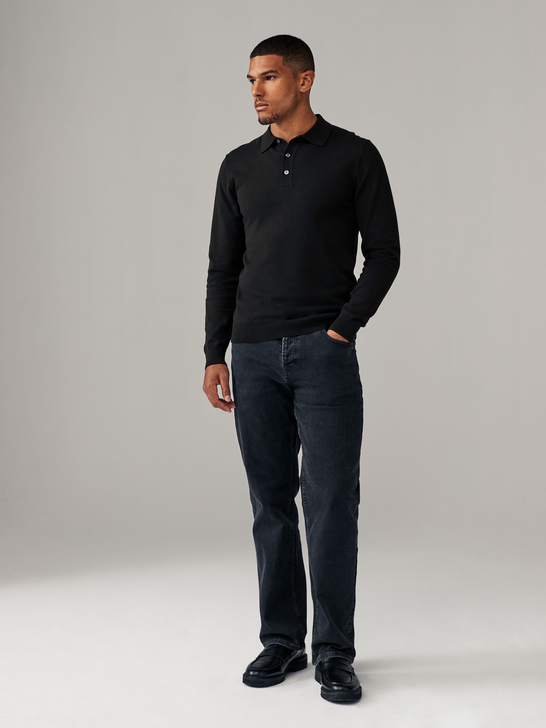 Buy Black/Navy Blue Slim Fit Knitted Long Sleeve Polo Shirts