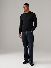 Black/Navy Blue Slim Fit Knitted Long Sleeve Polo Shirts 2 Pack - Image 4 of 11