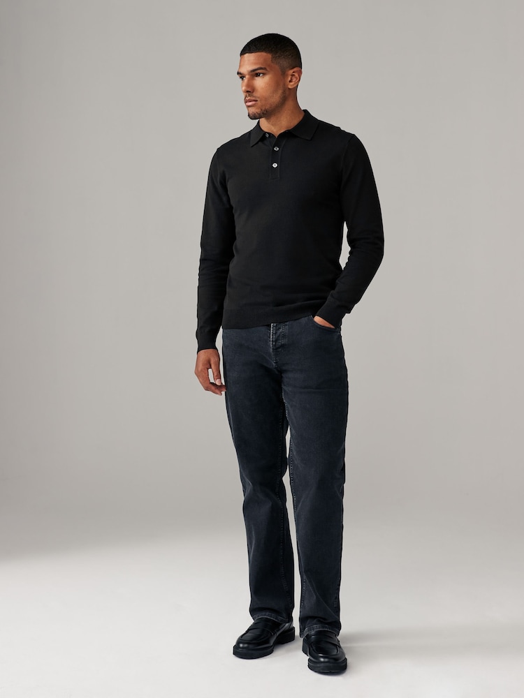 Black/Navy Blue Slim Fit Knitted Long Sleeve Polo Shirts 2 Pack - Image 4 of 11
