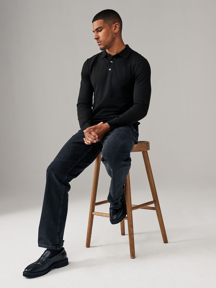 Black/Navy Blue Slim Fit Knitted Long Sleeve Polo Shirts 2 Pack - Image 5 of 11