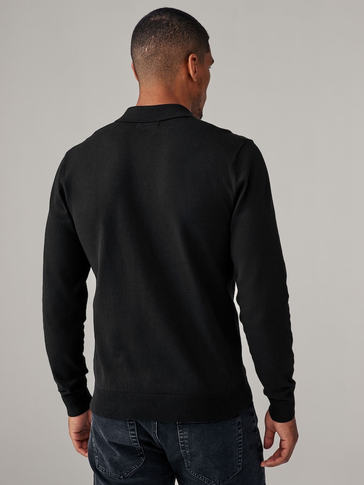 Black/Navy Blue Slim Fit Knitted Long Sleeve Polo Shirts 2 Pack - Image 6 of 11