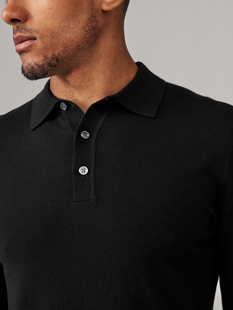 Black/Navy Blue Slim Fit Knitted Long Sleeve Polo Shirts 2 Pack - Image 7 of 11