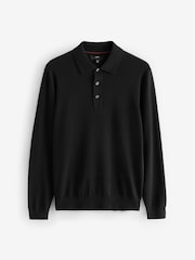 Black/Navy Blue Slim Fit Knitted Long Sleeve Polo Shirts 2 Pack - Image 8 of 11