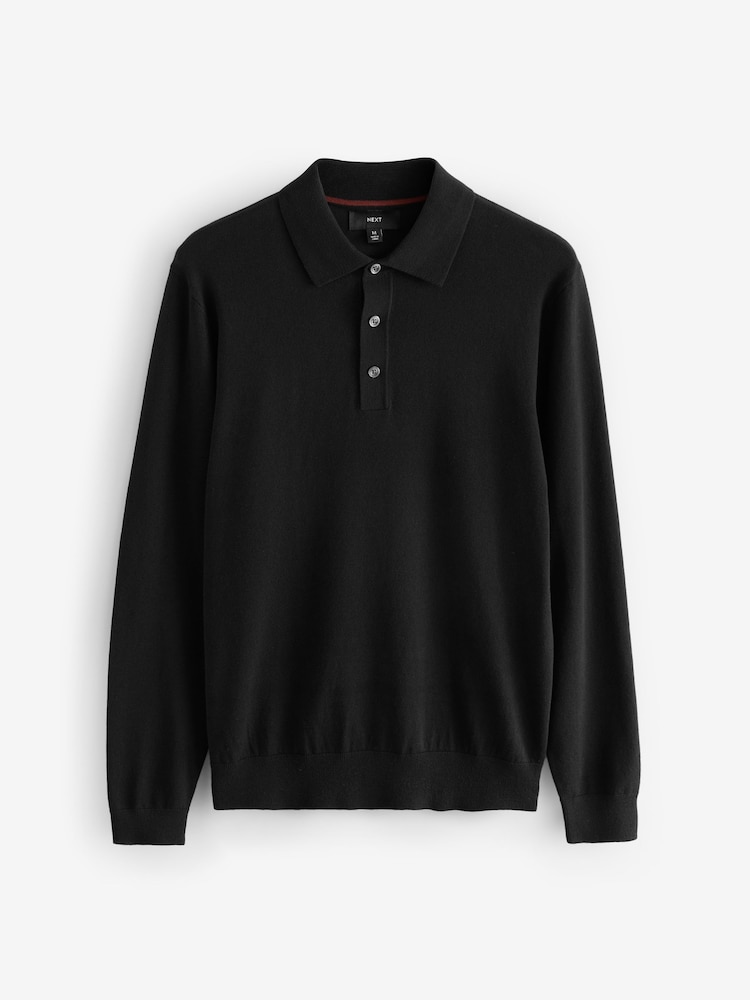 Black/Navy Blue Slim Fit Knitted Long Sleeve Polo Shirts 2 Pack - Image 8 of 11