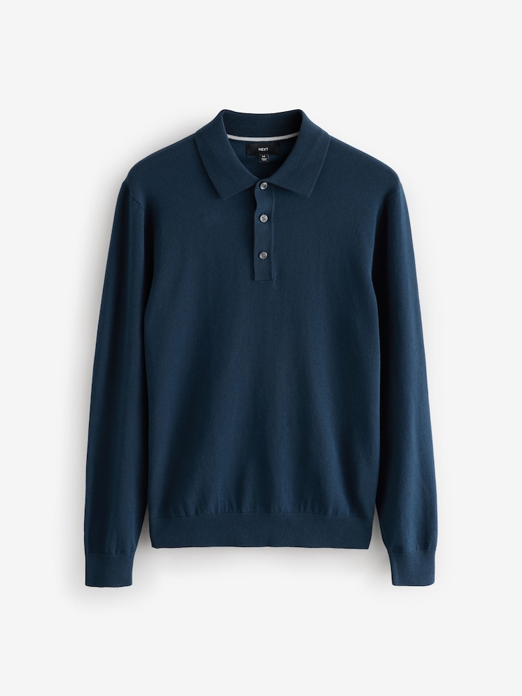 Black/Navy Blue Slim Fit Knitted Long Sleeve Polo Shirts 2 Pack - Image 9 of 11