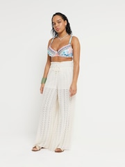 River Island Cream Crochet Beach Wide Leg 100% Cotton Trousers - Image 3 of 5