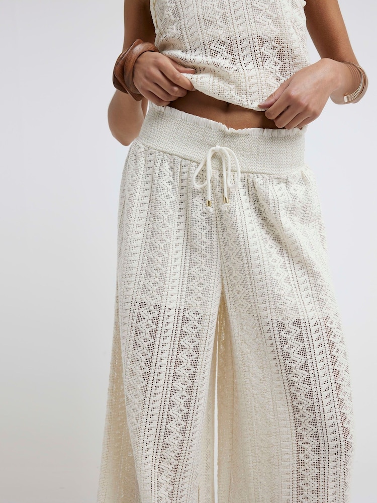 River Island Cream Crochet Beach Wide Leg 100% Cotton Trousers - Image 5 of 5 River Island Cream Crochet Beach Wide Leg 100% Cotton Trousers - Image 5 of 5