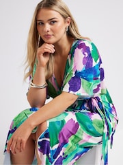 Yours Curve Green Abstract Floral Print Wrap Dress - Image 1 of 5