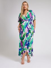 Yours Curve Green Abstract Floral Print Wrap Dress - Image 2 of 5
