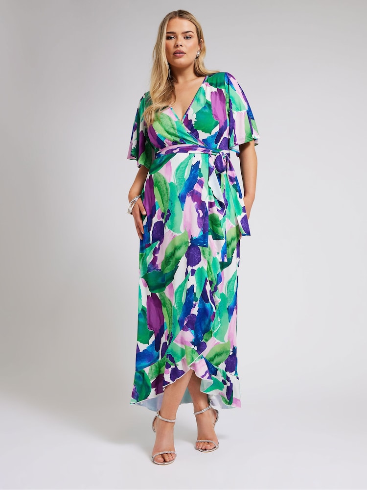 Yours Curve Green Abstract Floral Print Wrap Dress - Image 2 of 5