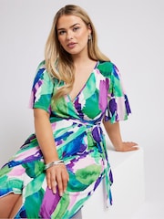 Yours Curve Green Abstract Floral Print Wrap Dress - Image 4 of 5