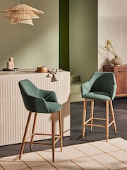 MADE.COM Bay Green and Oak Legs Lule Bar Stool in Velvet - Image 1 of 3