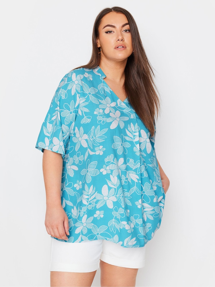 Yours Curve Blue YOURS Curve Aqua Blue Floral Print Pleat Front Blouse - Image 1 of 4