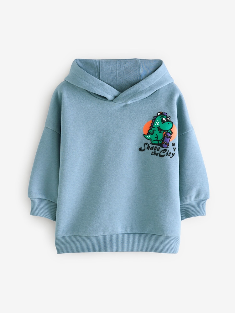 Teal Blue Dinosaur Character Backprint Hoodie (3mths-7yrs) - Image 1 of 4 Teal Blue Dinosaur Character Backprint Hoodie (3mths-7yrs) - Image 1 of 4