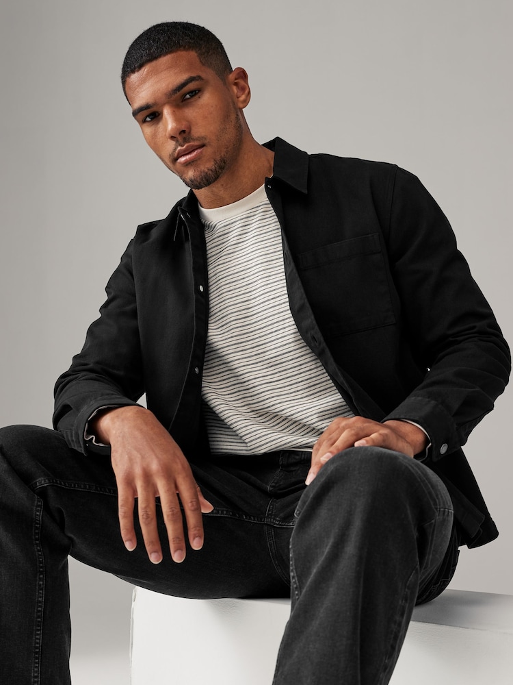 Black 100% Cotton Twill Single Pocket Shacket Overshirt - Image 1 of 10
