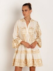 Greek Archaic Kori Natural 100% Cotton Embroidered Tiered Mini Dress - Image 1 of 3