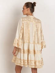 Greek Archaic Kori Natural 100% Cotton Embroidered Tiered Mini Dress - Image 2 of 3