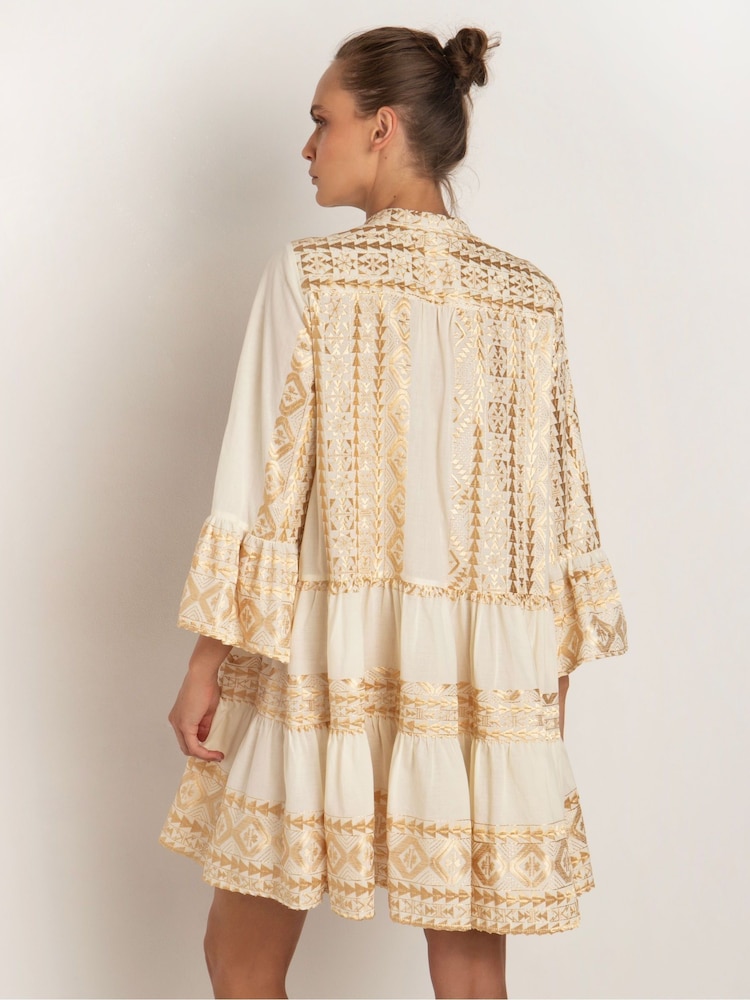 Greek Archaic Kori Natural 100% Cotton Embroidered Tiered Mini Dress - Image 2 of 3