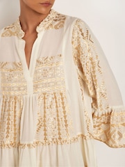 Greek Archaic Kori Natural 100% Cotton Embroidered Tiered Mini Dress - Image 3 of 3