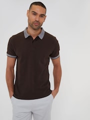Threadbare Brown 100% Cotton Polo Shirt With Herringbone Detail Collar - Image 1 of 4