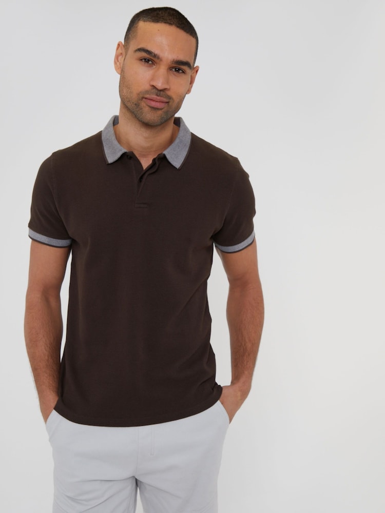 Threadbare Brown 100% Cotton Polo Shirt With Herringbone Detail Collar - Image 1 of 4