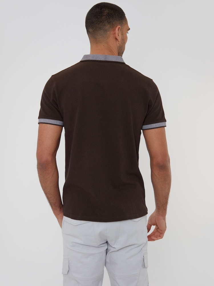 Threadbare Brown 100% Cotton Polo Shirt With Herringbone Detail Collar - Image 2 of 4