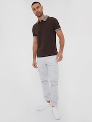 Threadbare Brown 100% Cotton Polo Shirt With Herringbone Detail Collar - Image 3 of 4