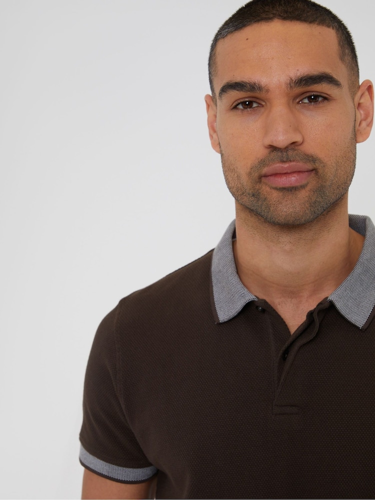 Threadbare Brown 100% Cotton Polo Shirt With Herringbone Detail Collar - Image 4 of 4 Threadbare Brown 100% Cotton Polo Shirt With Herringbone Detail Collar - Image 4 of 4