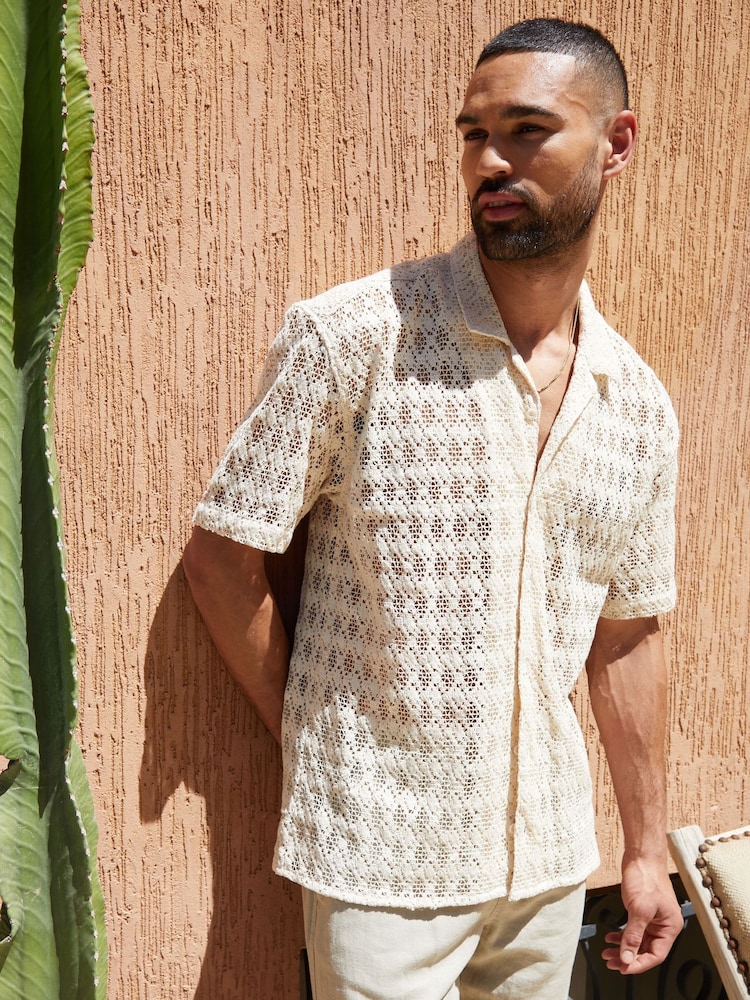 Threadbare Stone 100% Cotton Revere Collar Textured Short Sleeve Shirt - Image 1 of 4