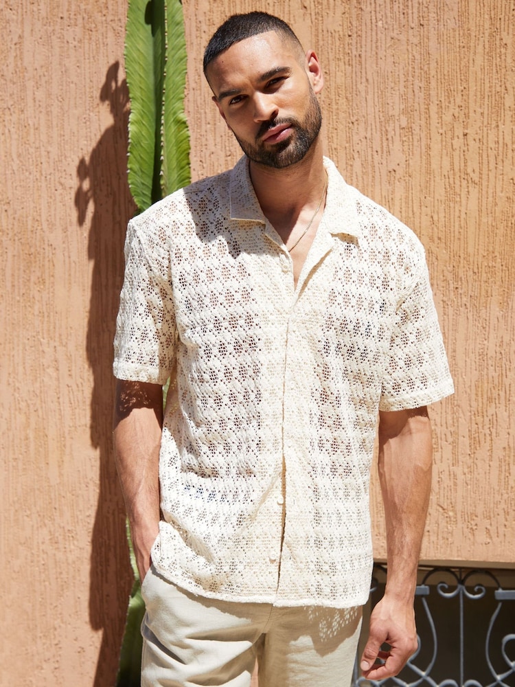 Threadbare Stone 100% Cotton Revere Collar Textured Short Sleeve Shirt - Image 2 of 4