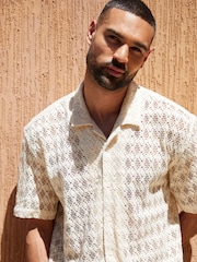 Threadbare Stone 100% Cotton Revere Collar Textured Short Sleeve Shirt - Image 4 of 4