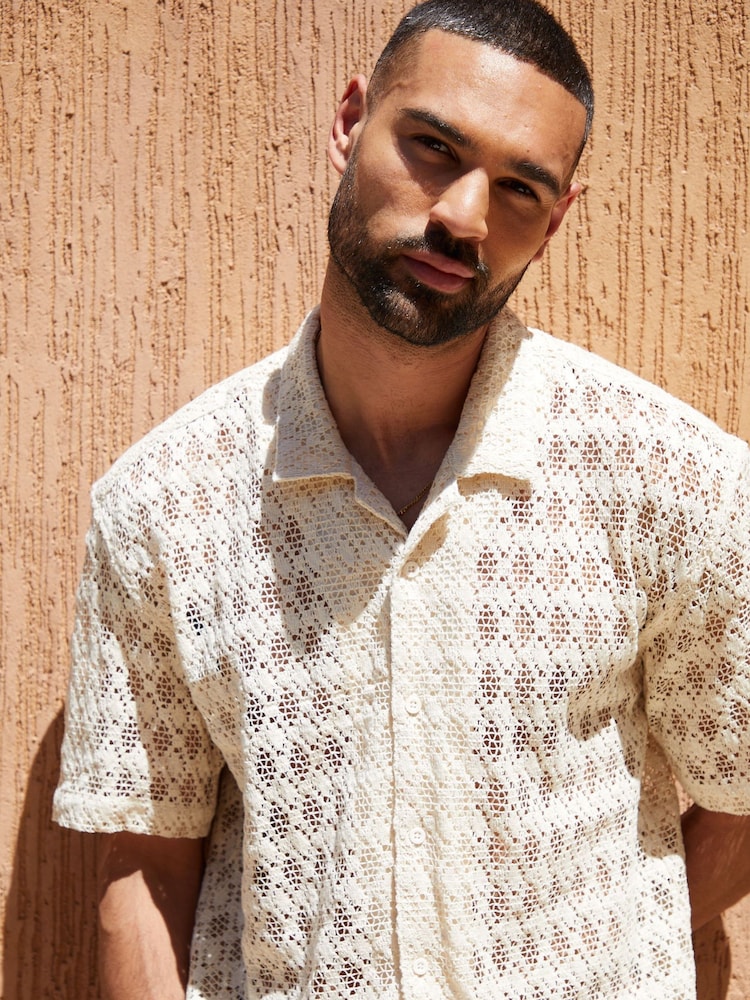 Threadbare Stone 100% Cotton Revere Collar Textured Short Sleeve Shirt - Image 4 of 4