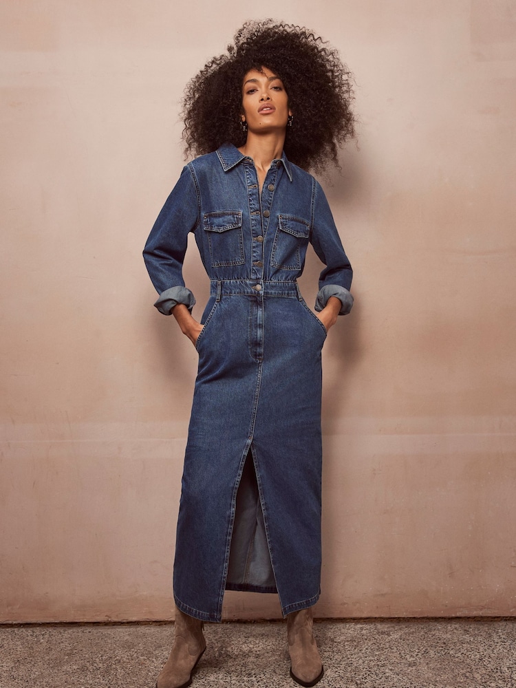 Mint Velvet Blue Indigo Denim Midi Shirt Dress - Image 1 of 11
