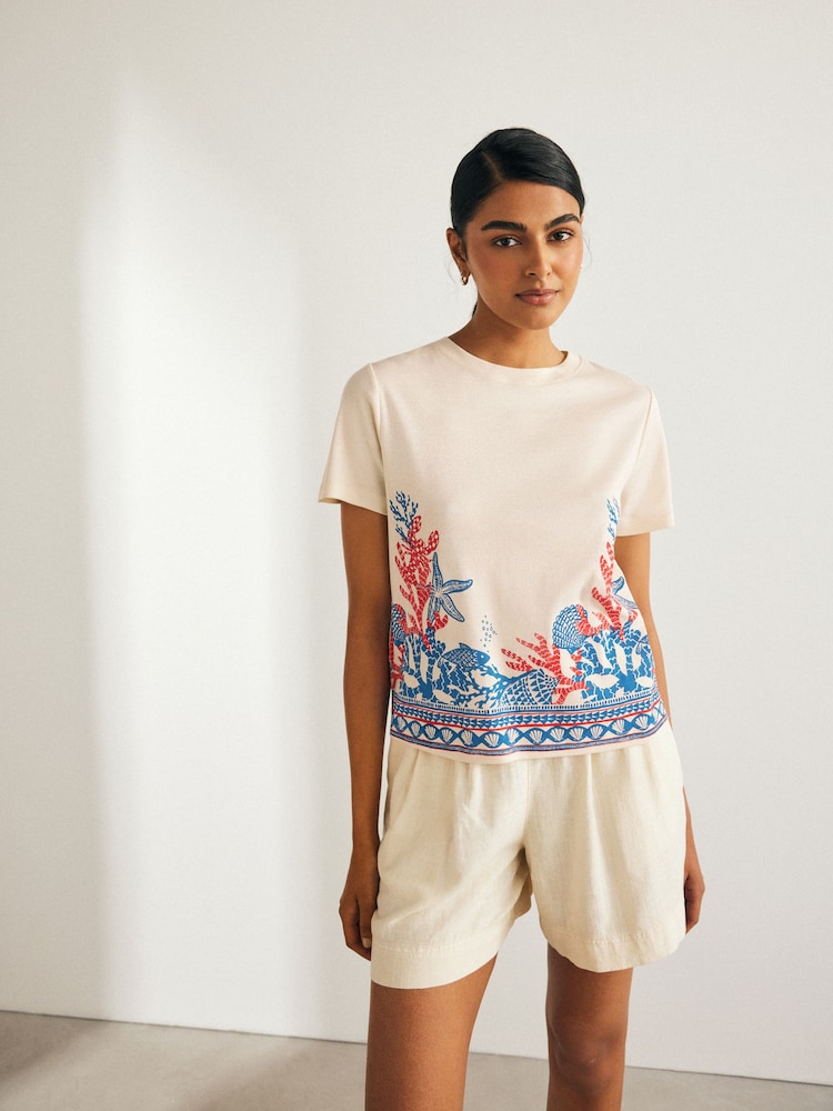 White/Blue 100% Cotton Short Sleeve Crew Neck T-Shirt - Image 1 of 7