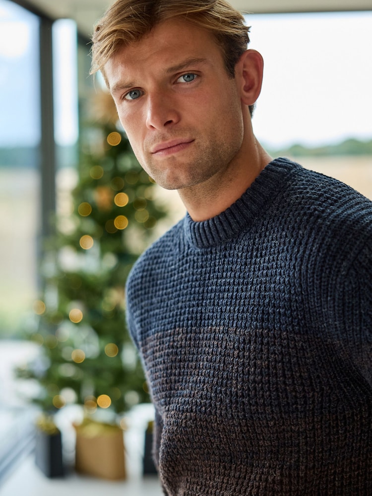 Brown/Blue Regular Fit Chunky Ombré Crew Jumper with Wool - Image 1 of 9