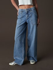 Mid Blue Adjustable Cinch Back Wide Leg 100% Cotton Jeans - Image 2 of 8