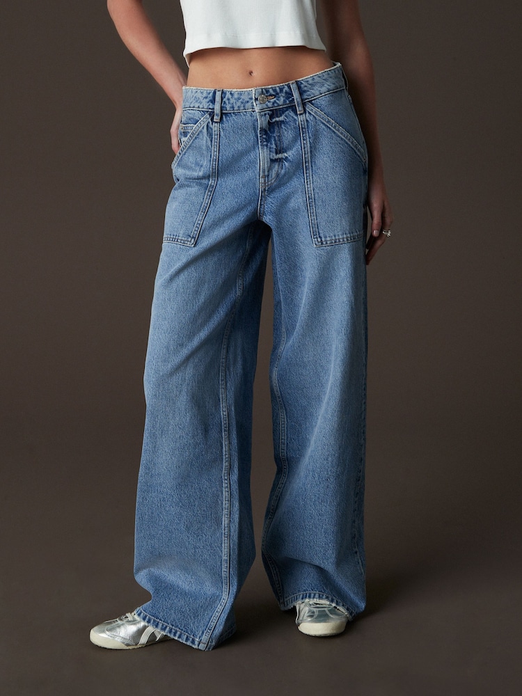 Mid Blue Adjustable Cinch Back Wide Leg 100% Cotton Jeans - Image 2 of 8