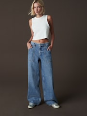 Mid Blue Adjustable Cinch Back Wide Leg 100% Cotton Jeans - Image 4 of 8