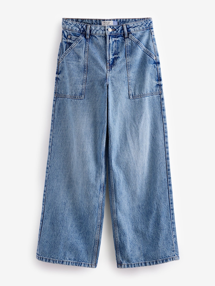 Buy Mid Blue Adjustable Cinch Back Wide Leg 100% Cotton Jeans from 
