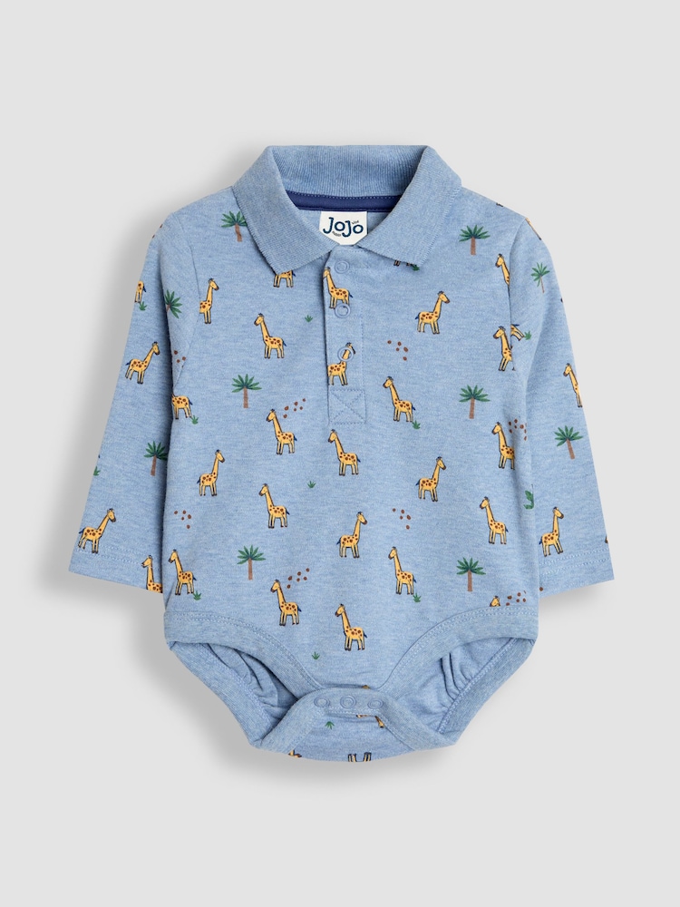 JoJo Maman Bébé Denim Blue Giraffe Printed Polo Shirt Bodysuit - Image 1 of 3