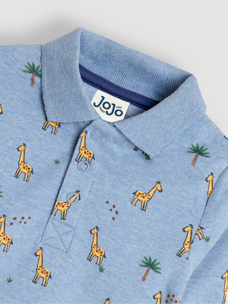 JoJo Maman Bébé Denim Blue Giraffe Printed Polo Shirt Bodysuit - Image 3 of 3