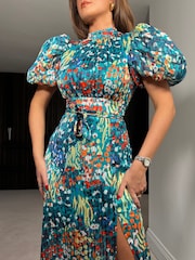 Girl In Mind Blue Animal Lilith Puff Sleeve High Neck Midi Dress - Image 4 of 4