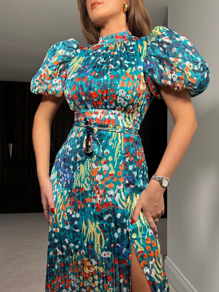 Girl In Mind Blue Animal Lilith Puff Sleeve High Neck Midi Dress - Image 4 of 4
