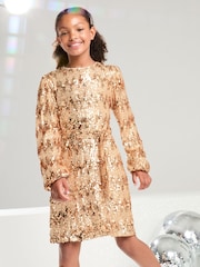 Lipsy Rose Gold Long Sleeve Sequin Party Dress (5-16yrs) - Image 1 of 4