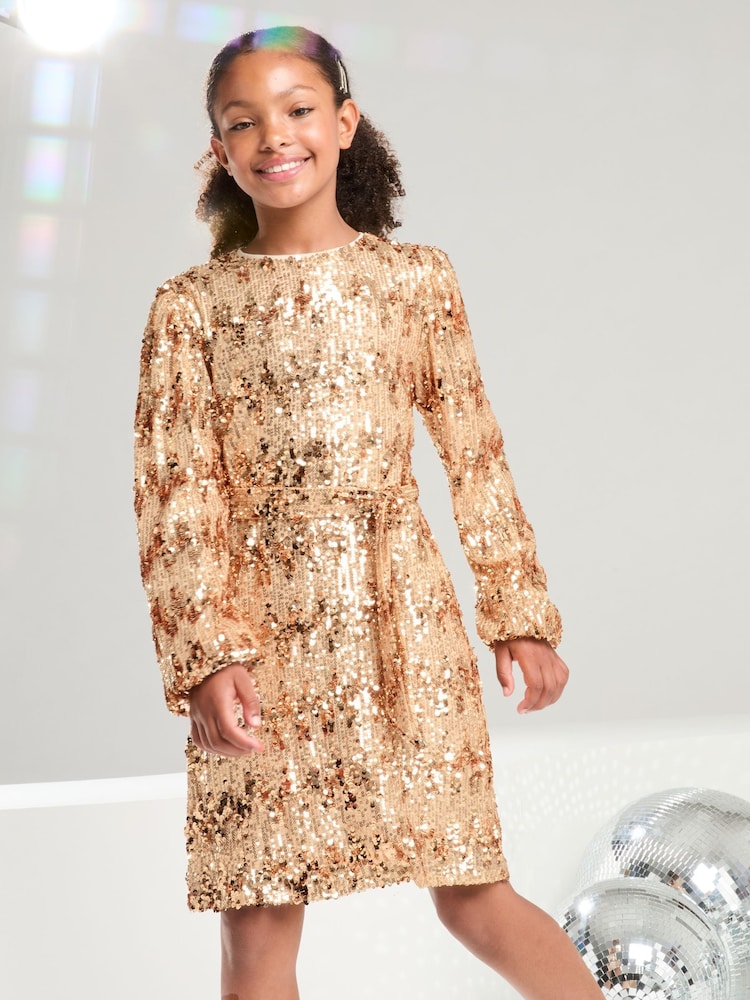 Lipsy Rose Gold Long Sleeve Sequin Party Dress (5-16yrs) - Image 1 of 4