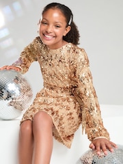 Lipsy Rose Gold Long Sleeve Sequin Party Dress (5-16yrs) - Image 2 of 4
