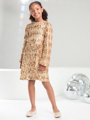 Lipsy Rose Gold Long Sleeve Sequin Party Dress (5-16yrs) - Image 3 of 4