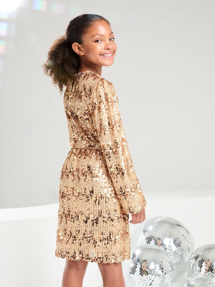 Lipsy Rose Gold Long Sleeve Sequin Party Dress (5-16yrs) - Image 4 of 4